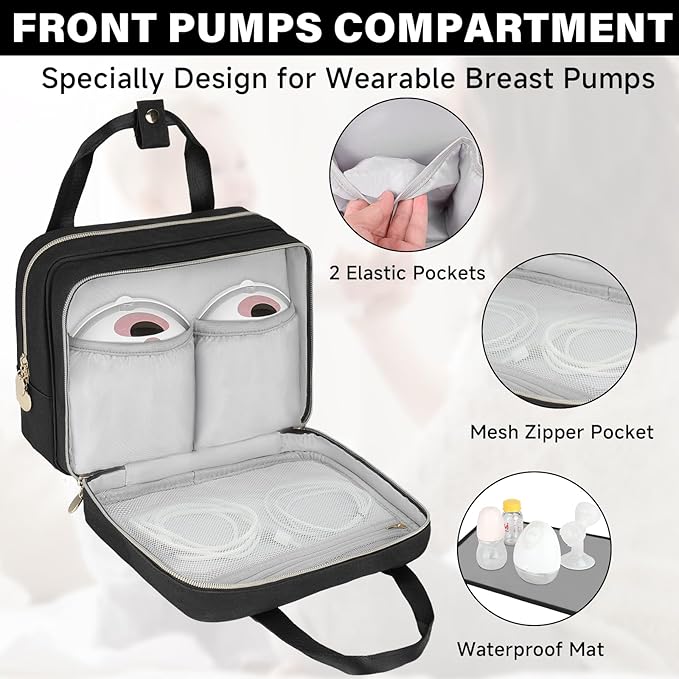 Wearable Breast Pump Bag with Cooler Compartment Compatible with Momcozy M5/S12 Pro, Elvie & Medela Pump in Style, Carrying Case with a Ice Pack & Waterproof Mat for Breast Pump and Accessories, Black