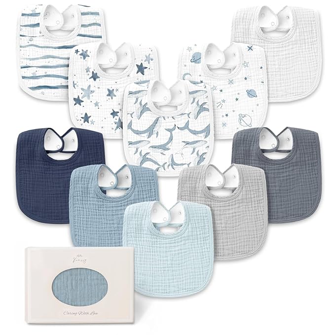 Konssy 10-Pack Muslin Baby Bibs, Soft Cotton Bandana Bibs for Drooling & Teething, Unisex Solid Colors for Boys & Girls, Newborn & Infant