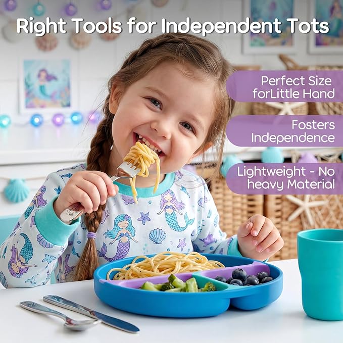 Lehoo Castle Kids Silverware 6-Piece | Stainless Steel Toddler Utensils with Spoons and Forks Knife, Children Safe Flatware for Self Feeding (Mermaids)