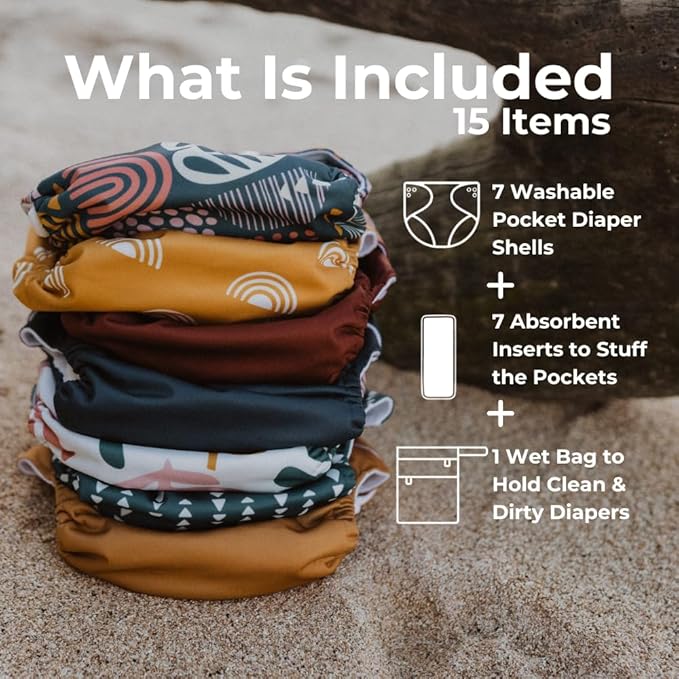 Nora's Nursery Cloth Diapers 7 Pack with 7 Inserts & 1 Wet Bag - Waterproof Cover, Washable, Reusable & One Size Adjustable Pocket Diapers for Newborns and Toddlers - The Keys