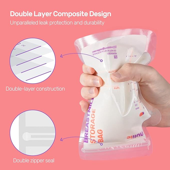 Nuliie 300 Pcs Breastmilk Storage Bags Freezer, 8 OZ Breast Milk Storing Bags, BPA-Free, Milk Storage Bags with Pour Spout for Breastfeeding, Self-Standing Bag, Space Saving Flat Profile