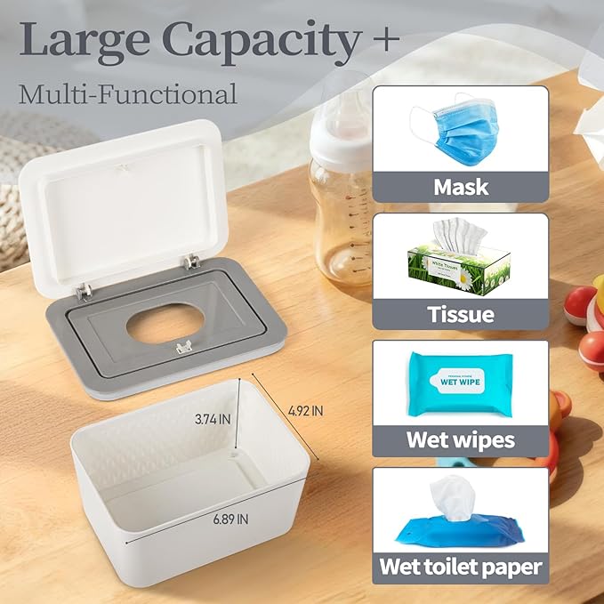 Baby Wipes Dispenser, One-Handed Operation Wipes Container, Baby Wipes Holder with Non-Slip Base, Keeps Wipes Fresh, Easy to Open, Fits Adults & Babies (Grey)