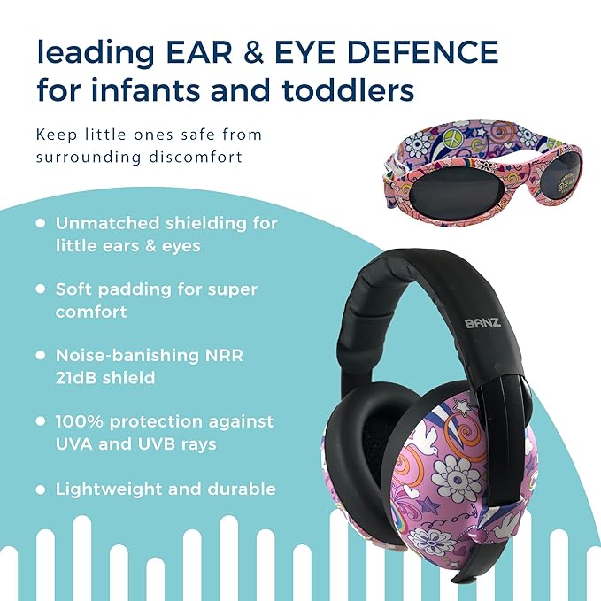 BANZ Baby Earmuffs Infant and Toddler Hearing Protection Headphones - Packaged Sunglasses Ages 0–2 Years – Ultimate Child Ear and Eye Protection – Stop Noise – Block Sun (Doodle Pink)