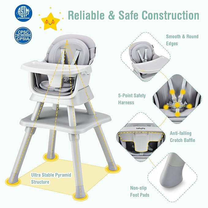 GLACER 8 in 1 Convertible Baby High Chair - Adjustable High Chairs for Babies and Toddlers with Removable Tray, Dual Cushions, Activity Table and Chair Set, Booster Seat, Stool (Gray)