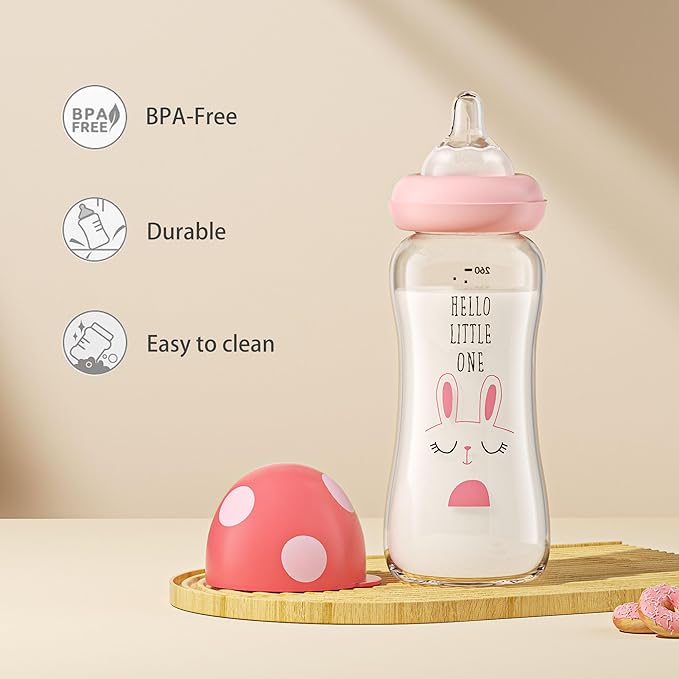 YOHKOH Natural Glass Baby Bottle with Level 2 Medium Flow Nipple, Newborn Anti-Colic Baby Bottles, Wide Neck Mushroom Baby Glass Bottle (8.8ounce (Pack of 2), Multicolour1)