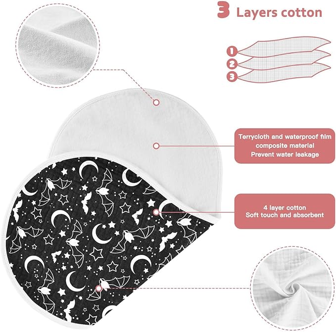 Muslin Burp Cloths for Baby Boys and Girls - 4-Pack Ultra Absorbent Halloween Bats Moons Star Muslin Washcloths, Newborn Towel, Milk Spit Up Rags, Burp Cloth Bib for Unisex, 22 x 11 Inch