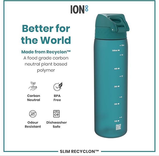 ION8 Water Bottle, 500 ml/18 oz, Leak Proof, Easy to Open, Secure Lock, Dishwasher Safe, BPA Free, Hygienic Flip Cover, Carry Handle, Fits Cup Holders, Easy Clean, Odor Free, Carbon Neutral, Aqua Blue