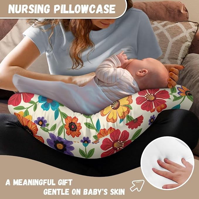Bright Flowers Nursing Pillow Cover for Baby Boy Girl Breastfeeding Slipcover Infant Newborn Nursery Bottle Pillowcase Washable and Easy to Clean