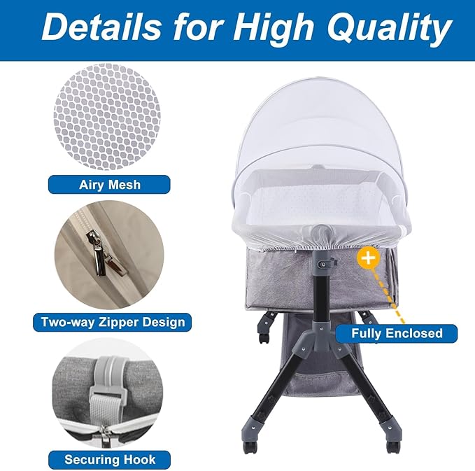 Portable Bassinet Cover for Cats & 2-Way Zipper, Bassinet Mosquito Net Cover, Breathable Bassinet Net Cover, Mosquito Net for Baby Crib to Keep Cats/Bugs Out (White)