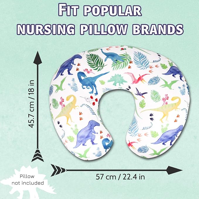 Dinosaur Nursing Pillow Cover, Breastfeeding Pillow Slipcover for Baby Boys & Girls, Nursing Pillow Case for Newborn, Soft Fabric Fits Snug On Infant, Washable & Breathable, Watercolor Dinosaur