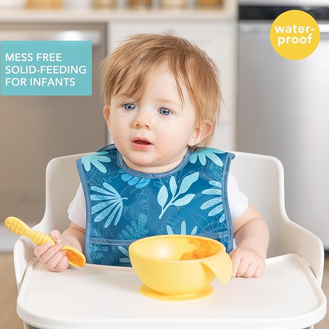 Bumkins Bibs, for Baby Girl or Boy, Infant 3-9 Months,Essential Must Have for Eating, Feeding, Baby Led Weaning, Mess Saving Waterproof Soft Fabric, Starter Bib 2-pk Blue Tropic and Dinosaurs