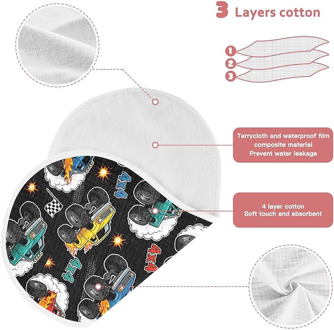 2 Pack Muslin Burp Cloths Monster Truck Black Print Cotton Baby Burp Cloths Absorbent Soft Burping Cloth Washcloths for Newborn Babies 22x11 Inch
