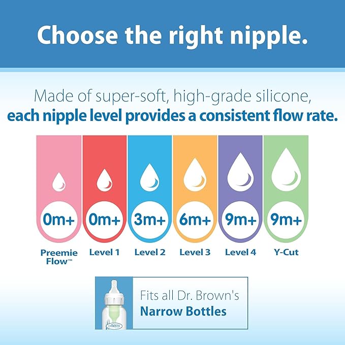 Dr. Brown's Natural Flow Anti-Colic Options+ Narrow Baby Bottle, Bear & Owl, 8 oz/250 mL, with Level 1 Slow Flow Nipple, BPA free, 0m+, 2-Pack and Level 2 Flow 6-Pack Nipples