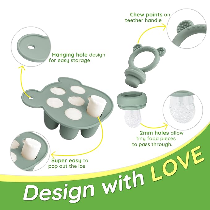 Silicone Baby Fruit Feeder & Freezer Tray Set, Breast Milk Popsicle Mold, BPA Free for 3+ Months, Includes Silicone Pouches (Sage)