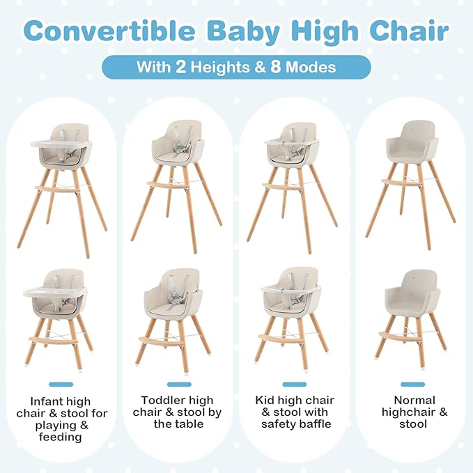 HONEY JOY Baby High Chair, 6-in-1 Eat & Grow Wooden Highchair/Toddler Chair with Removable Tray, 5-Point Harness, PU Cushion and Footrest, Convertible High Chair for Babies and Toddlers(Beige)