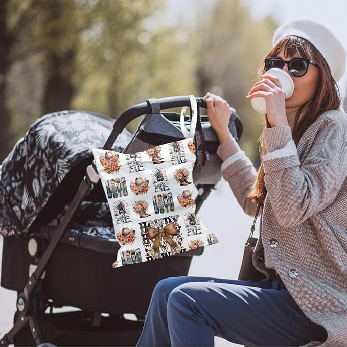 Waterproof Cloth Diaper Wet Dry Bag Reusable Travel Beach Pool Daycare Soiled Toddler Items Yoga Gym Bag for Swimsuits Wet Clothes Bags - Dark Floral Western Boots Pattern