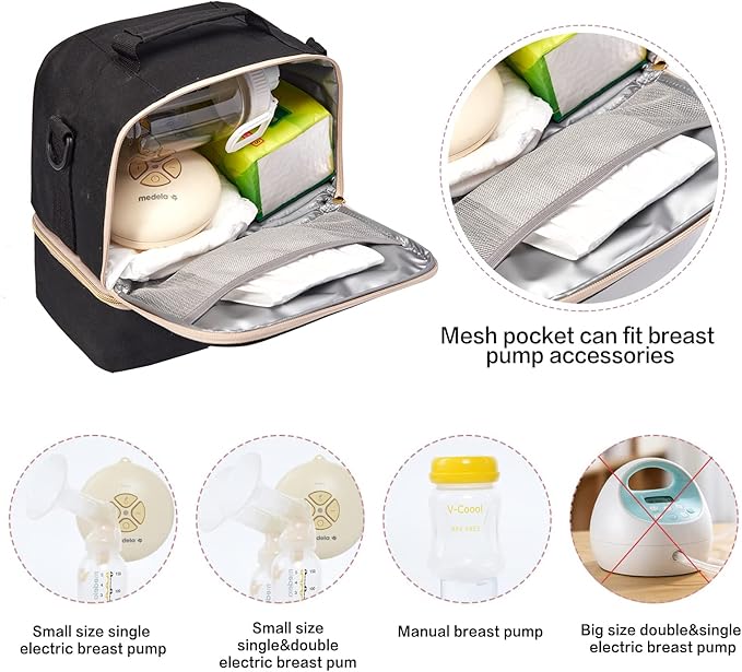Breast Pump Bag Cooler Compartment for Breast Pump - Cooler and Moistureproof Bag Double Layer for Mother Breast Milk Pump Lunch Bag Outdoor Working (Black)