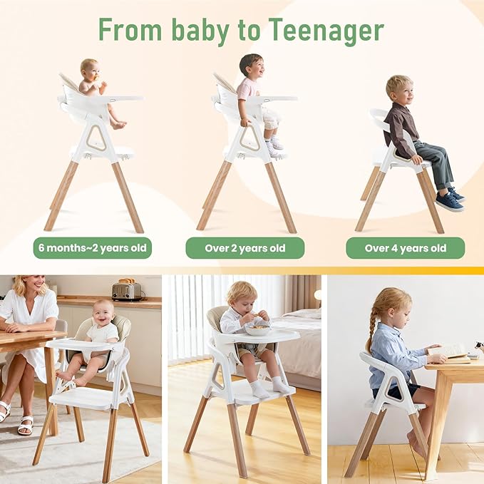 Baby High Chair, Babies and Toddlers Convertible Slim High Chair with 6 Growing Stages from Infant to Toddler Seating with Removable Tray, Easy to Clean,Beige Cushion