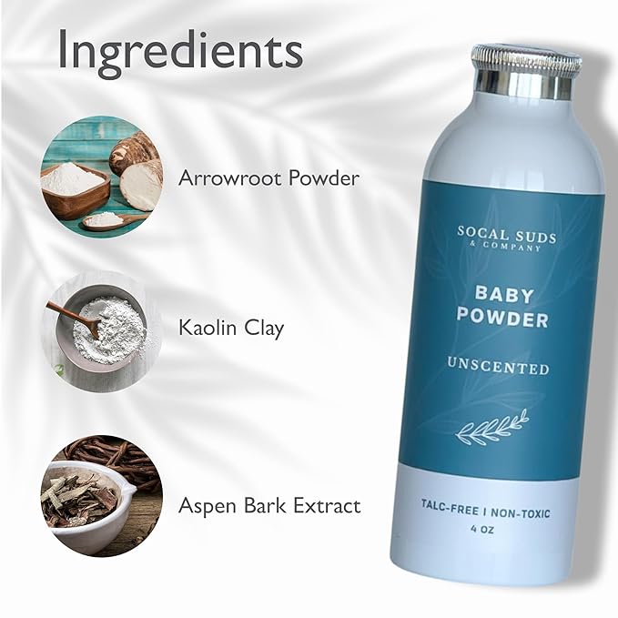 SoCal Suds & Company - Natural Baby Powder - Talc-Free Formula with Arrowroot, Kaolin, Aspen Bark Extract for Soft Soothing Sensitive Skin - Gentle Absorption - Fragrance Free, 4oz, 2-Pack