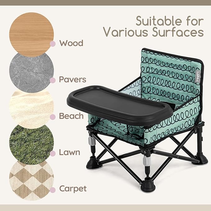 Toddler Booster Seat for Dining Table & Kitchen Chair - Portable Foldable with Removable Tray, Baby Camping Chair 6-36 Months Indoor Outdoor (Green Stripe)