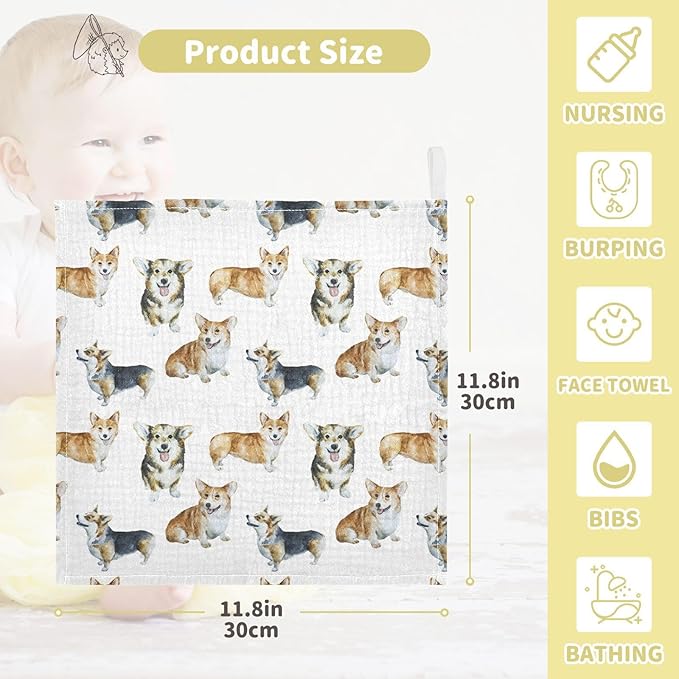 vvfelixl Baby Cotton Washcloths Realistic Corgi Infants Bath Towel for Unisex Face Towels for Newborn, Natural Baby Wipes Delicate Skin, 11.8 X 11.8 inch, one sizex5