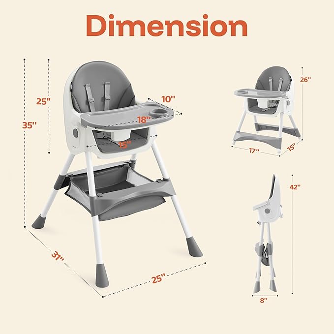 HARPPA 6-in-1 Convertible Baby High Chair for Toddlers, Foldable Highchair with Removable Tray for Eating & Playing, Adjustable 5-Point Safety Harness, Toddler High Chair with PU Cushion, Grey
