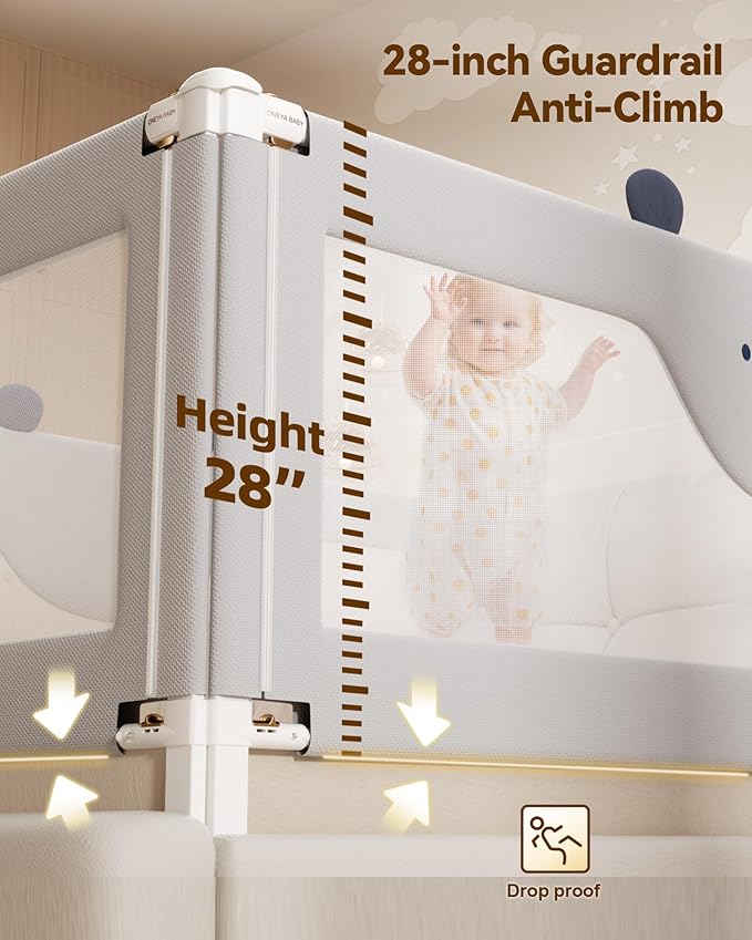 Baby Bed Rail Guard for Toddlers, Reinforced 54in Toddler Bed Rails for Full Bed with Height Adjustable, Extral Tall Child Safety Side Railing Guards/Bedrail for Kids, Grey Bear, 1 Side 54" Lx28 H