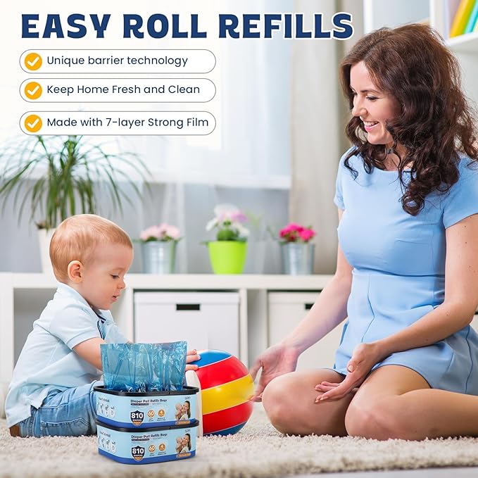 Diaper Pail Refill Bags,7-Layer Odor Prevention Technology,Thickened Design - Hold up to 810 Newborn-Sized Diaper Pail Bags- Pack of 6