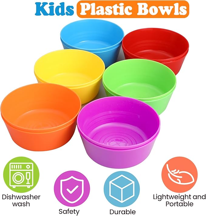 Foaincore Kids Plastic Bowls 10 oz Cereal Snack Microwave Dishwasher Safe Toddler Bowls Kids Colorful Snack Children Salad Dessert Soup Supplies(72 Pcs)