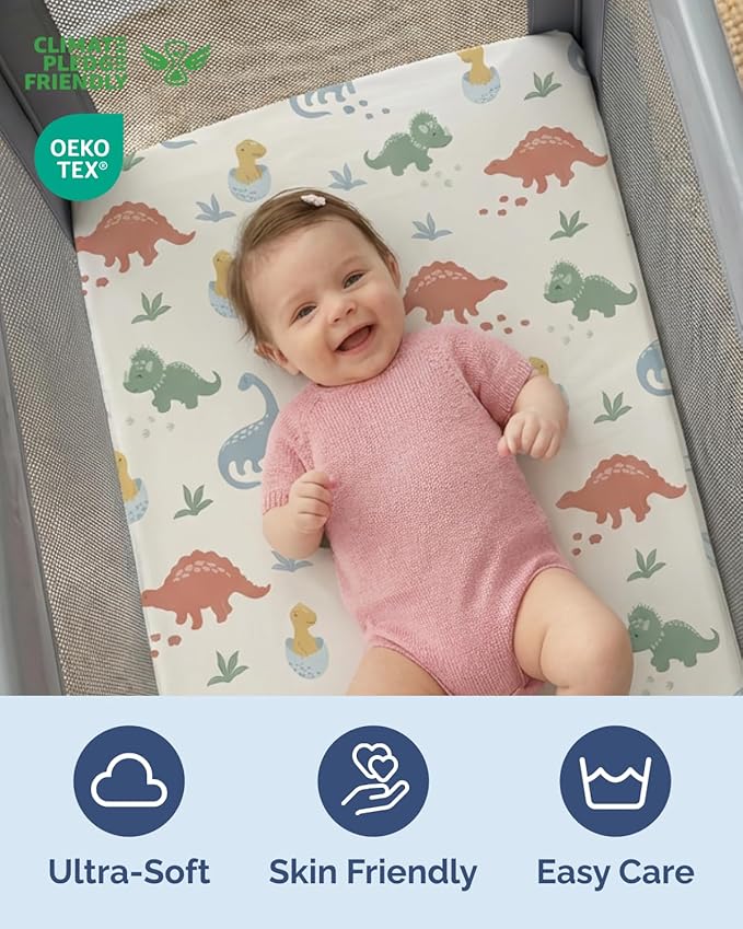 Pack and Play Sheets Fitted - 2 Pack Mini Crib Sheets for Pack N Play Mattress - Unisex Playard Microfiber Bedding for Boys & Girls - Soft, Breathable & Wrinkle Free - Oeko-Tex, 38 x 26in - Dino Land