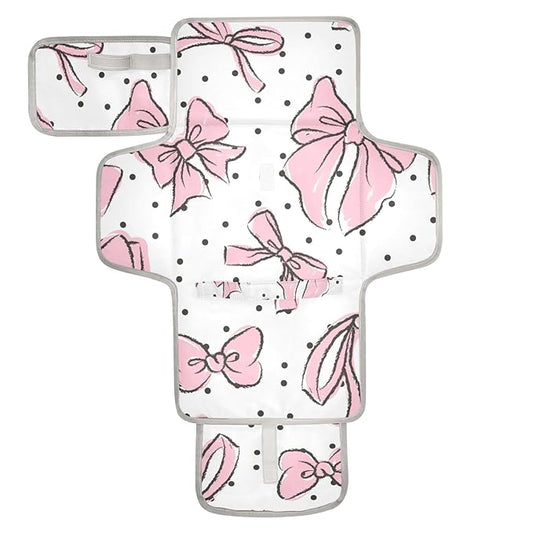 Pink Bow Portable Diaper Changing Pad - Waterproof Foldable Baby Diaper Changing Pad with Built-in Pillow, Travel Diaper Changing Mat for Newborn Baby