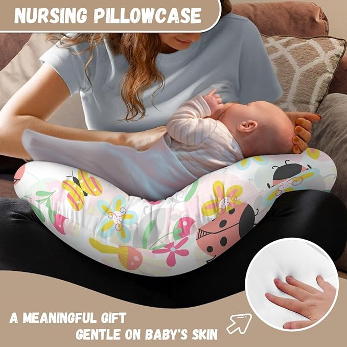 Forchrinse Pink Ladybug Floral Nursing Pillow Cover for Baby Girls Soft Ladybug Breastfeeding Pillow Cover Washable Infant Feeding Cushion Cover, Medium