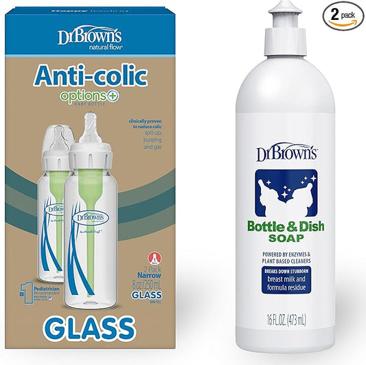 Dr. Brown's Natural Flow Anti-Colic Options+ Narrow Glass Baby Bottles, 8oz/250mL, with Level 1 Slow Flow Nipple, 2-Pack, 0m+ & Fragrance-Free Dish Soap, 16oz