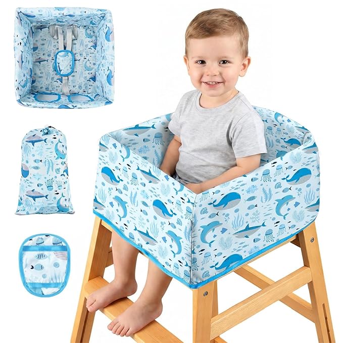BEBOAN High Chair Cover for Restaurant, Portable Highchair Seat Covers with 3-Point Adjustable Safety Harness and Bag, for Eating/Travel/Home Use, Machine Washable, Fit Wooden Chairs (Blue Whale)