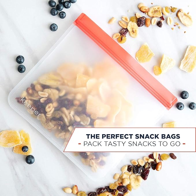 Keeper Reusable Sandwich Bags (Set of 5, 32oz) - Extra Thick Reusable Ziplock Bag For Food, Lunch Storage. Reusable Snack Bags for Kids Are Resealable. Plastic Lunch Baggies Are Washable, Freezer Safe