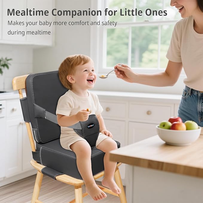 Toddler Booster Seat for Kitchen Chair with Removable Backrest & Adjustable Straps, PU Portable Waterproof & Non-Slip Booster Seat for Dining Table, Travel Child Eating Cushion - Dark Grey