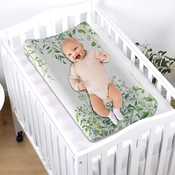 Baby Stretchy Changing Pad Cover, Breathable Changing Pad Cover for Infants and Toddles, Green Leaves Print 16 * 32 Inches