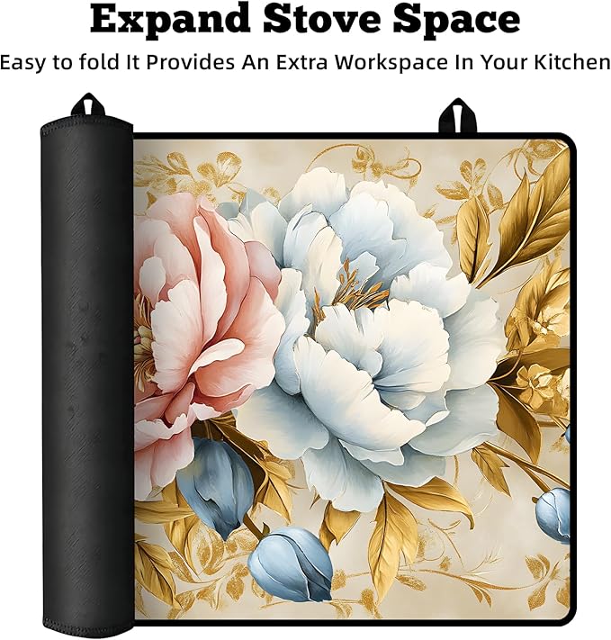 Multi-Design Stove Top Cover for Glass/Electric Stoves - 3-in-1 Heat-Resistant Protector Mat, Non-Slip Drying Rack 28"x20" (Pink-White Peony)