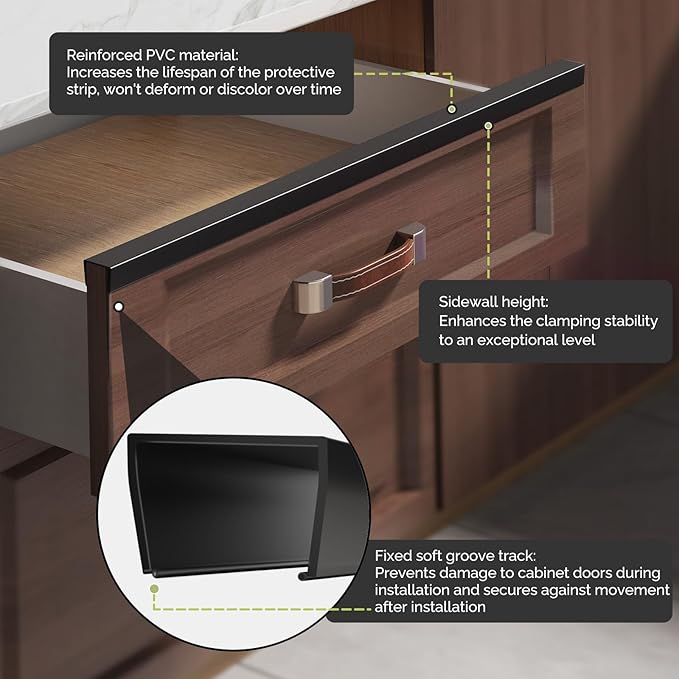 Snugly Fit 18" Length Cabinet Door Protector, Flexible Slip-On Plastic Edge Guard, Thin Edge Protectors to Prevent Wear, Chipping, Discoloration, Cabinet Bumpers, 3/4" Thick,Black,2 PCS