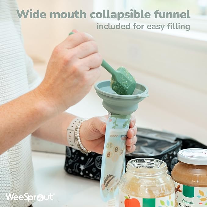 WeeSprout Double Zipper Reusable Food Pouches, Perfect for Babies & Toddlers, Freezer & Dishwasher Safe (Animals, 5 Fl Oz (Pack of 6) + Pouch Filler)