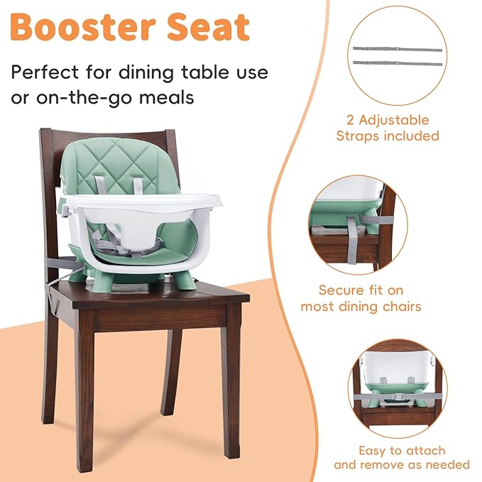 Babyliebe Baby High Chair, 8 in 1 Convertible Wooden High Chair for Babies and Toddlers, Converts to Booster Seat, Toddler Chair & Stool, with Removable Double Tray, Adjustable Legs & Footrest (Green)