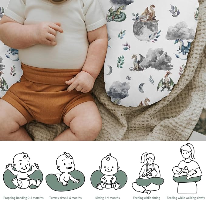 Watercolor Dragons Baby Nursing Pillow Covers for Boy Girl Fairytale Dragon Wings Leaves Nursing Slipcovers for Breastfeeding Pillows Dragon Moon Cloud Soft Stretchy Removable Cover for Newborn Infant