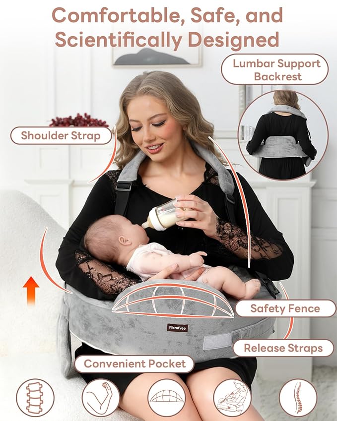 Nursing Pillow for Standing/Sitting Use- Springy Memory Foam for Support & Comfort, Large Breast Feeding Pillow - Safety Fence, Adjustable Waist Belt and Support Backrest, Removable Cover with Pocket