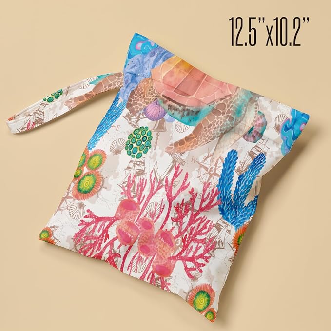 Wet Bag Waterproof Reusable Wet Dry Bag for Beach, Travel, Pool, Gym Bag for Swimsuits, Wet Clothes, Cloth Diapers, Wet Bags for Baby, Sea Turtle Gifts for Women Ocean Animals Coral Reef Decor
