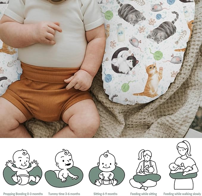 Cute Cat Baby Nursing Pillow Covers for Boy Girl Watercolor Cat Paws Mouse Toy Balls Neutral Nursery Pillowcase for Breastfeeding Pillows Cats Lovers Gift Soft Stretchy Slipcovers for Newborn Infant