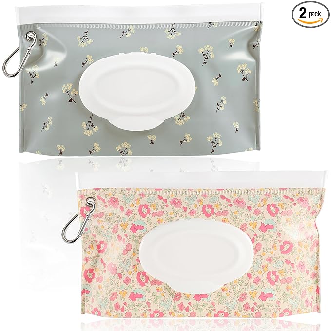 FEBSNOW 2 Pack Baby Wipes Dispenser, Portable Refillable Wipe Holder Baby Wipes Container Travel Wipes Case Reusable Wet Wipes Pouch (Floral)
