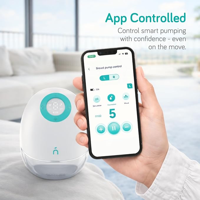 Nanobebe Wearable Breast Pump Hands Free Wireless Electric Breast Pump Smart App Controlled Pump Quiet Portable Multiple Modes, 2-Pack