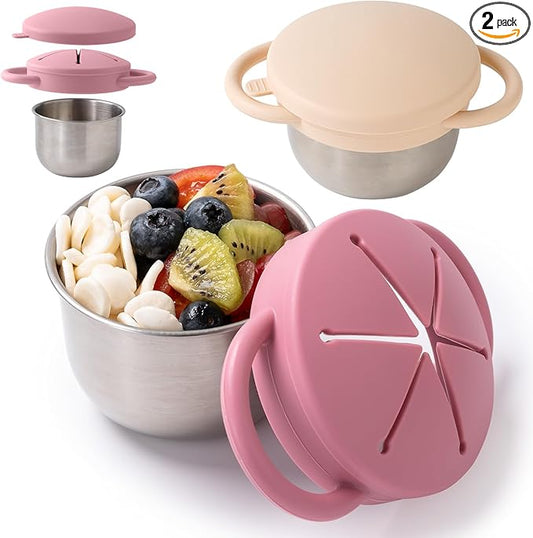 Bufilea 2 Pack Snack Containers for Toddlers, Stainless Steel Toddler Snack Cups with Silicone Food Catcher & Lids,Snack Cups for toddlers Spill Proof
