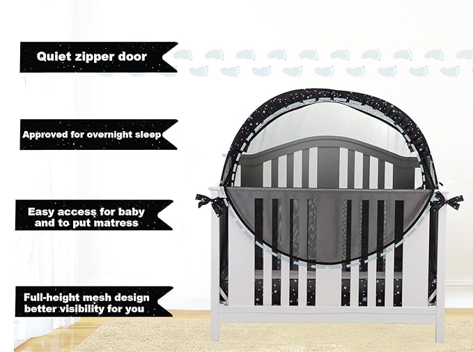 Safety Pop Up Crib Tent Cover to Keep Toddler from Climbing Out - Baby Bed Star Net Canopy with Mesh Organizer