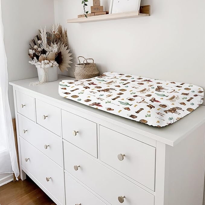 Western Cowboy Changing Pad Covers Cowboy Hats Boots Coins Cactus Goat Skull Horse Diaper Changing Pad Table Sheets for Boys Soft Breathable Stretchy Baby Change Table Pad Mats Covers 32''x16''